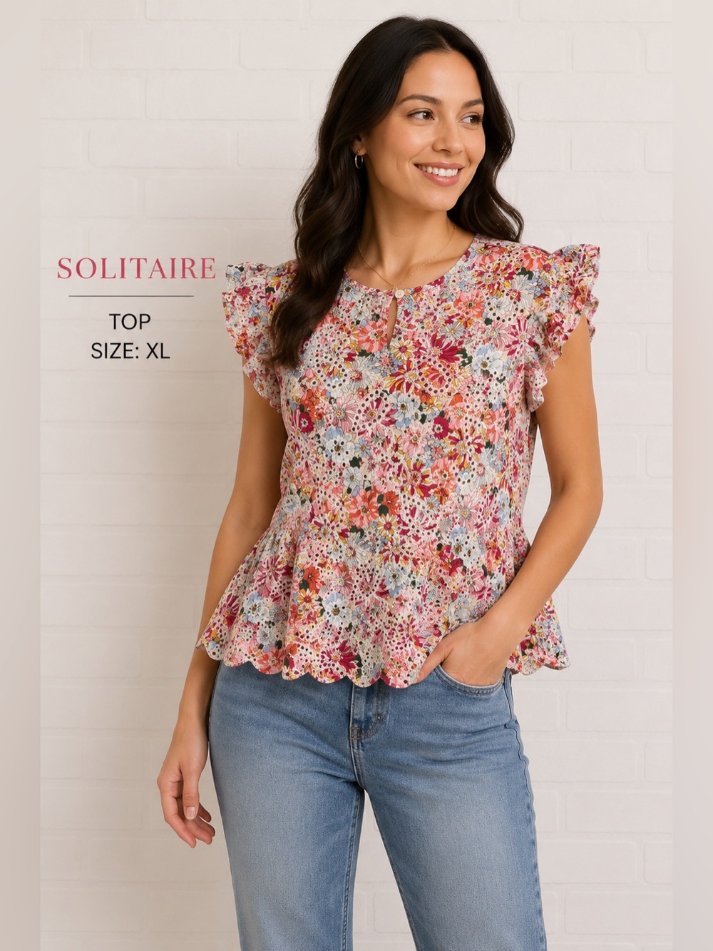 Solitaire Floral Eyelet Flutter Sleeve Peplum romantic  feminine  boho Top XL